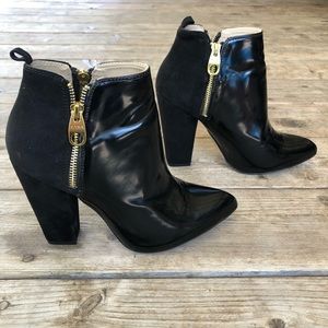 Zara Black Patent Point Toe Booties Gold Zipper